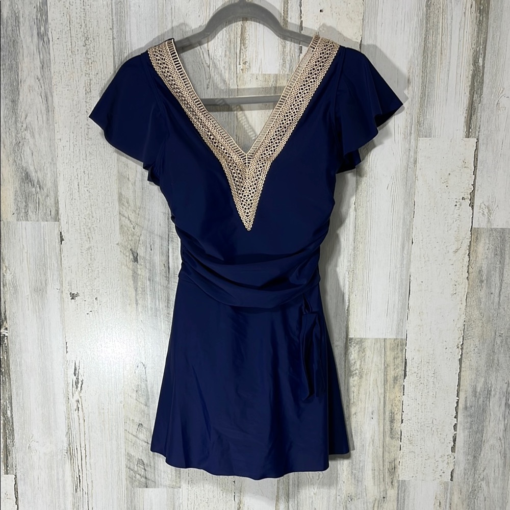 Blooming Jelly Navy Blue Cream Lace One-Piece Skirted Swimsuit Cap Sleeve Small